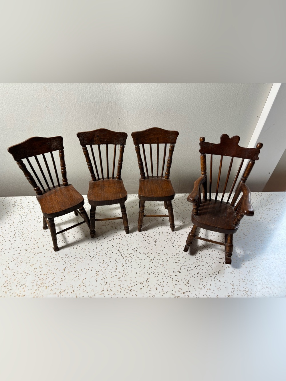 Set of 4 wooden dollhouse chairs (plus bonus spinning wheel)